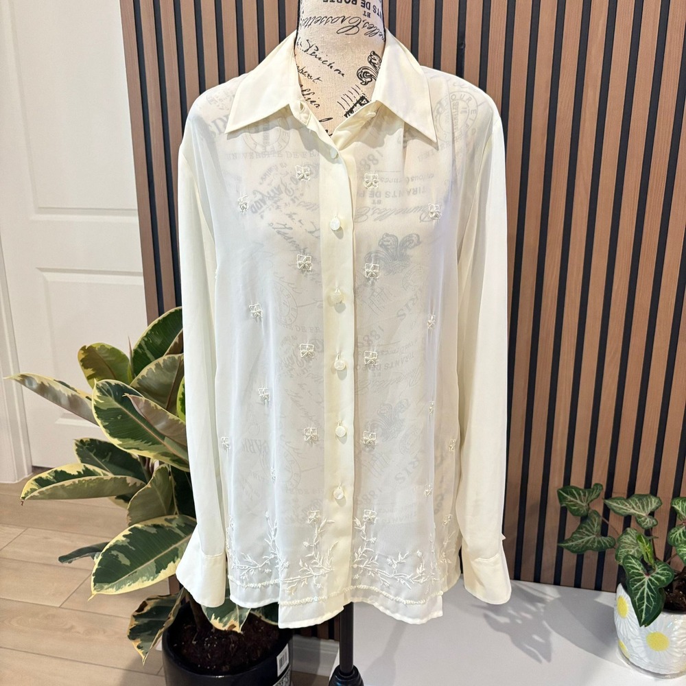 VTG Tess Women's XL Button Down Top Sheer Embellished‎ Blouse Long Sleeve Cream